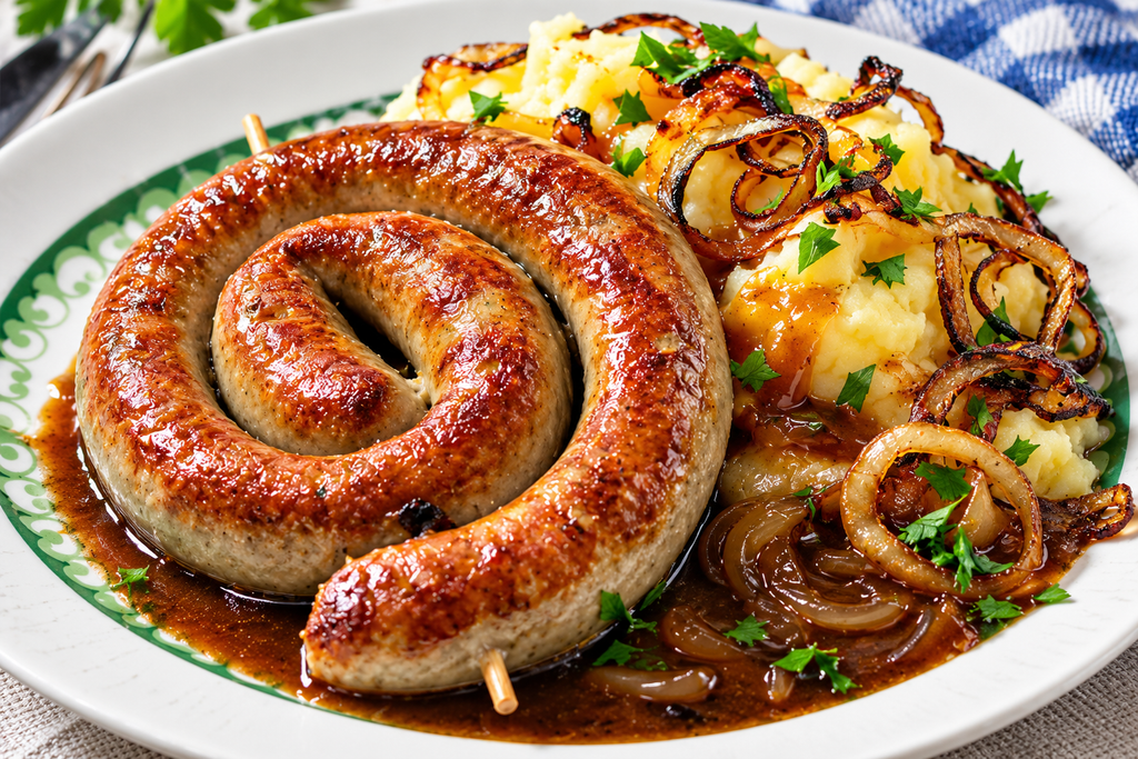 Bratwurst mit dunkler Soße, Kartoffelpüree und Röstzwiebeln