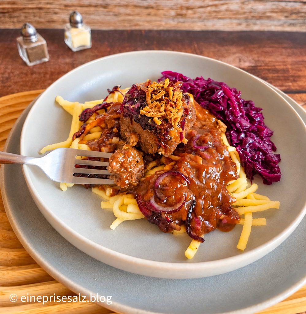 Hackbällchen in kräftiger Biersoße mit Spätzle und knusprig gebratenen Zwiebeln.
