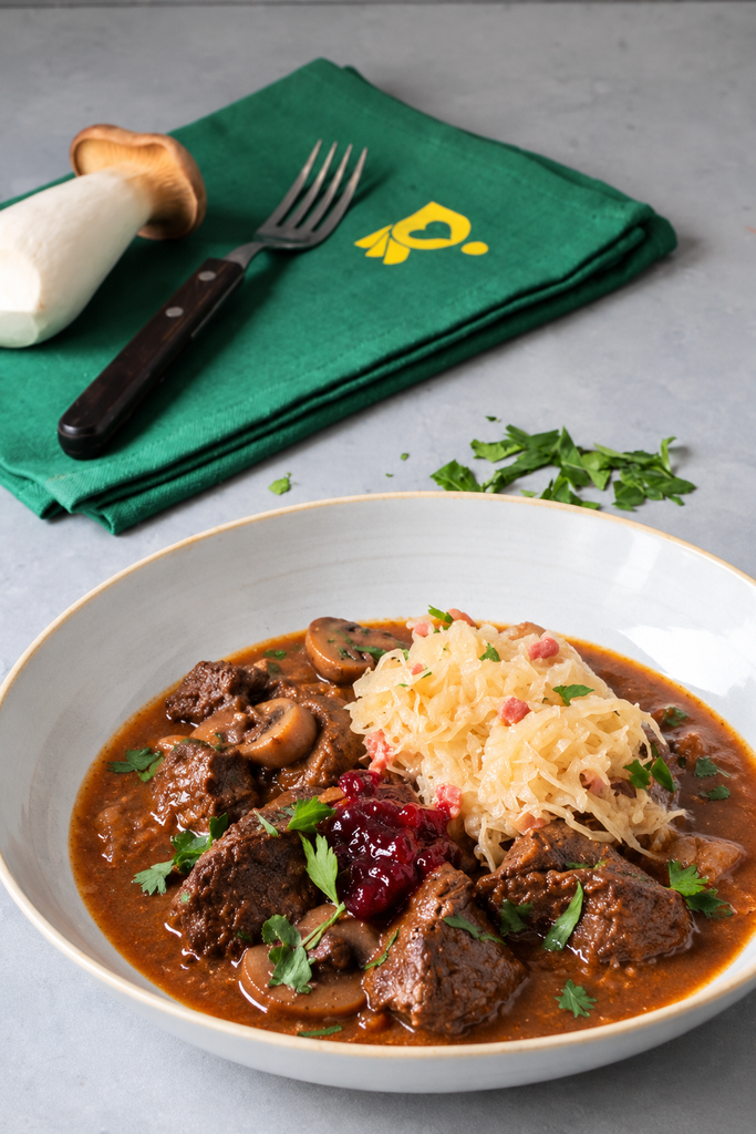 Geschmortes Wildgulasch mit Pilzen und Preiselbeeren