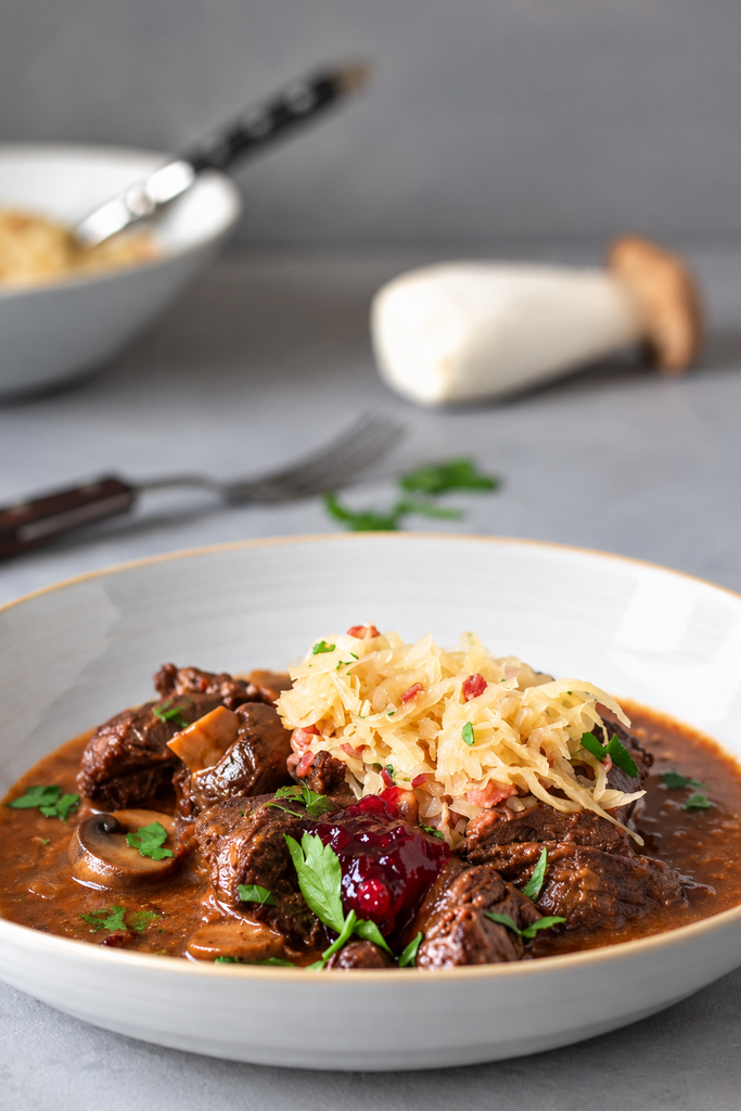 Herzhaftes Schmorgericht mit Sauerkraut und Preiselbeeren