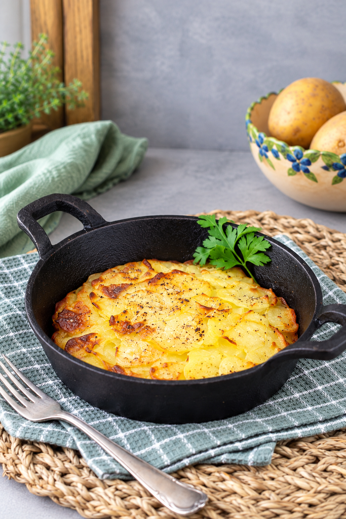 Goldbraun gebackene Pommes Anna mit knusprigen Kartoffelrändern