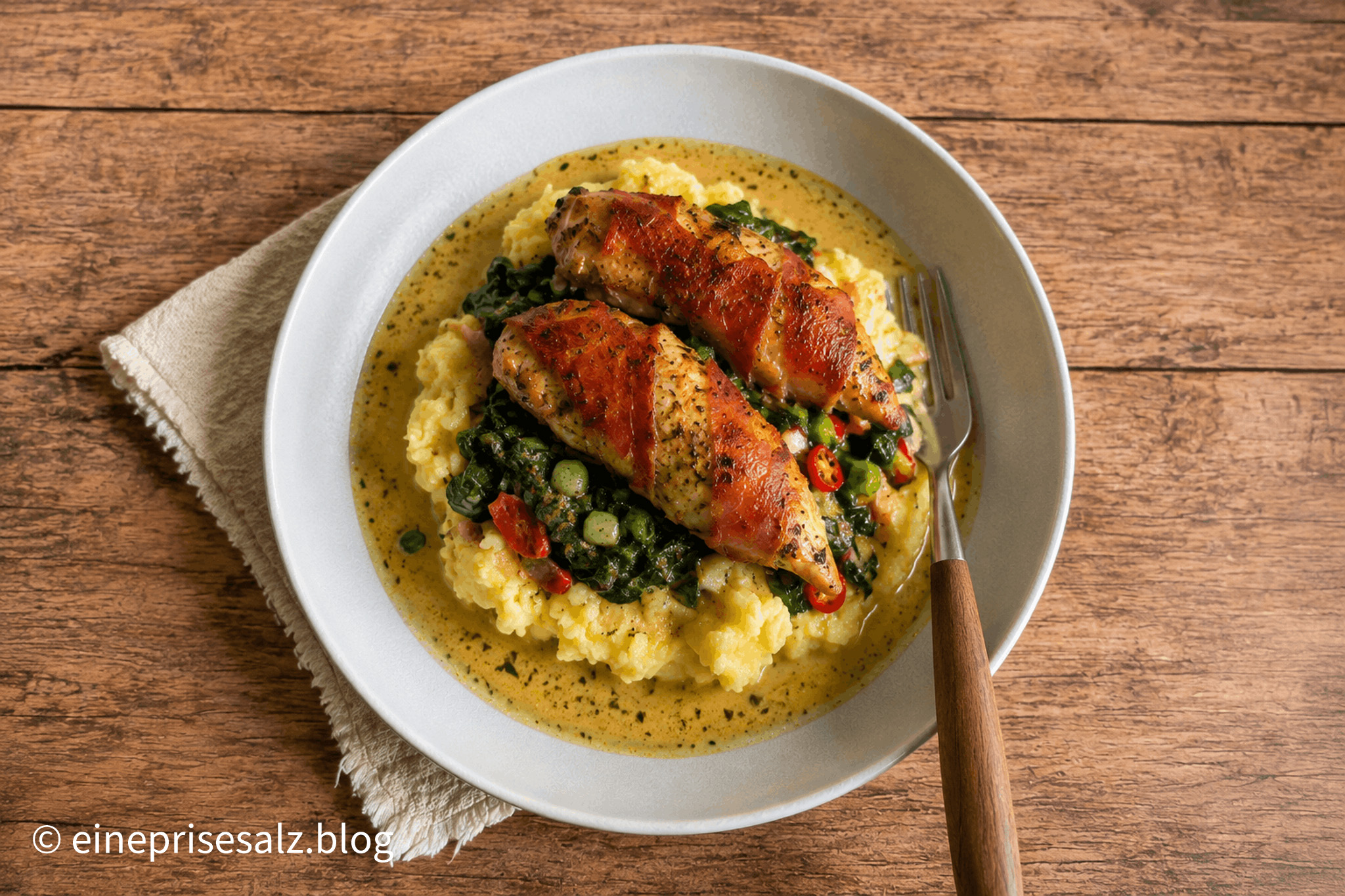 Bacon-Hähnchen in Spinat-Sahne-Sauce - 30 Minuten Rezept - Eine Prise Salz