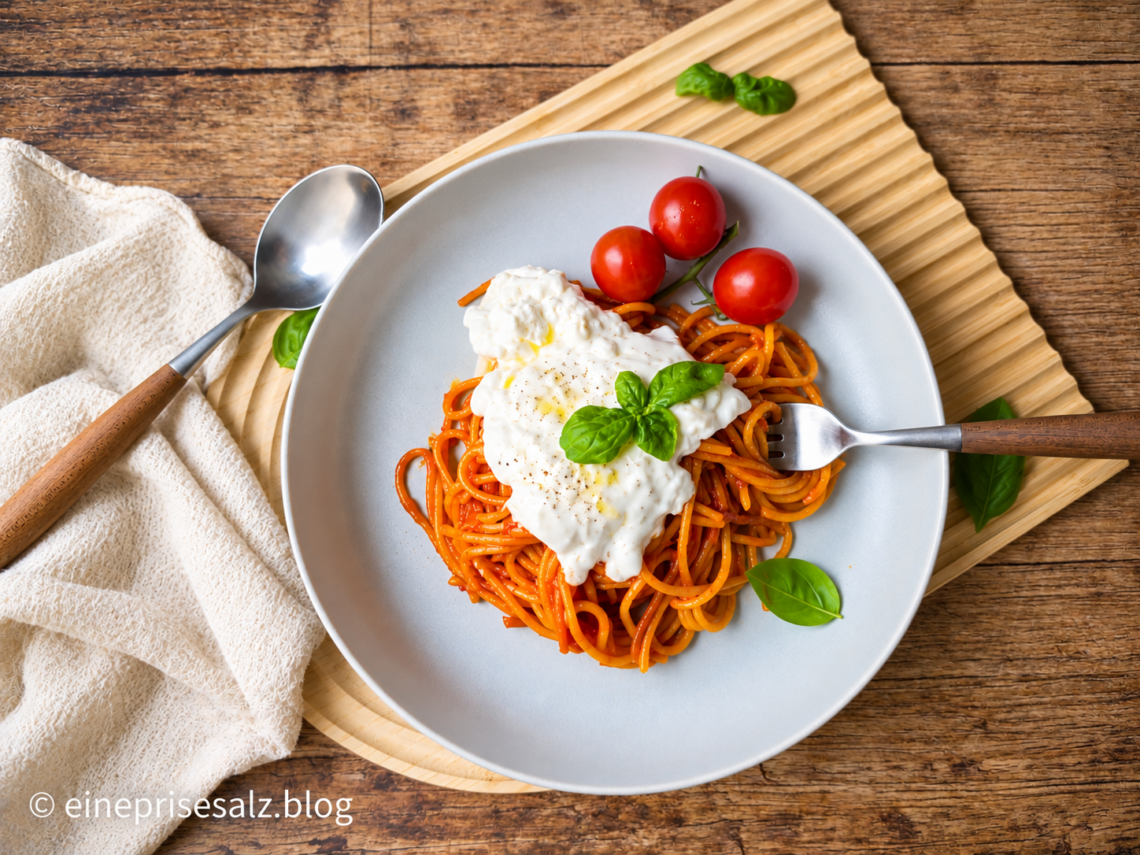 Angeröstete Spaghetti mit Tomatensauce, Burrata und Basilikum