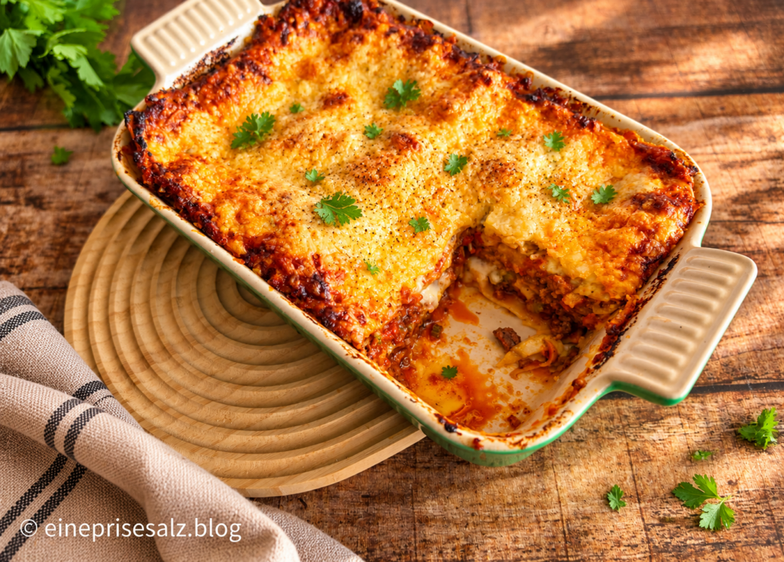 Klassische Lasagne mit Hackfleisch und Béchamelsoße, goldbraun überbacken in einer grünen Auflaufform.
