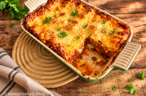 Klassische Lasagne mit Hackfleisch und Béchamelsoße, goldbraun überbacken in einer grünen Auflaufform.