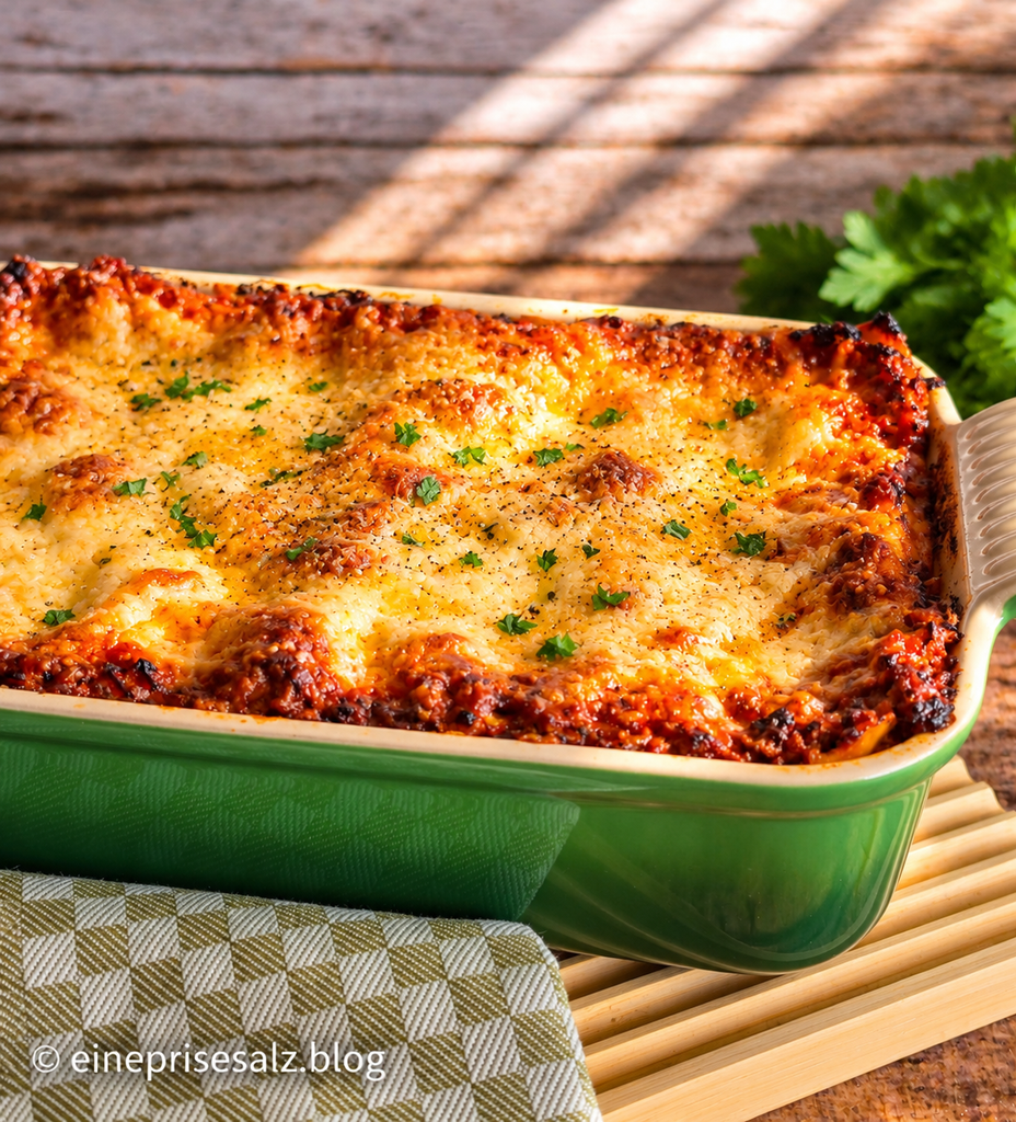 Goldbraune Lasagne im grünen Keramiktopf