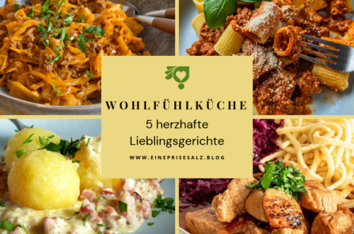 Wohlfühlküche mit 5 herzhaften Rezepten: Spitzkohl-Hackfleischpfanne, cremige Hackfleischpasta, Specksoße und Schweinegulasch.