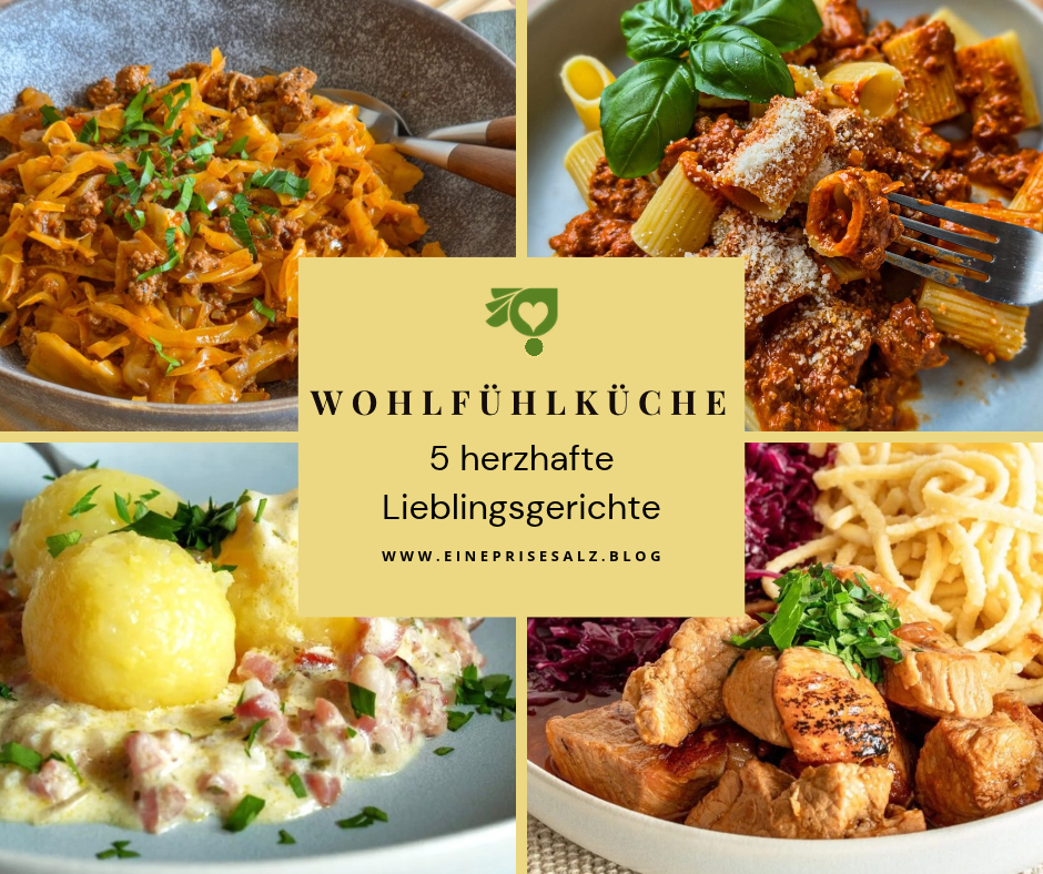 Wohlfühlküche mit 5 herzhaften Rezepten: Spitzkohl-Hackfleischpfanne, cremige Hackfleischpasta, Specksoße und Schweinegulasch.